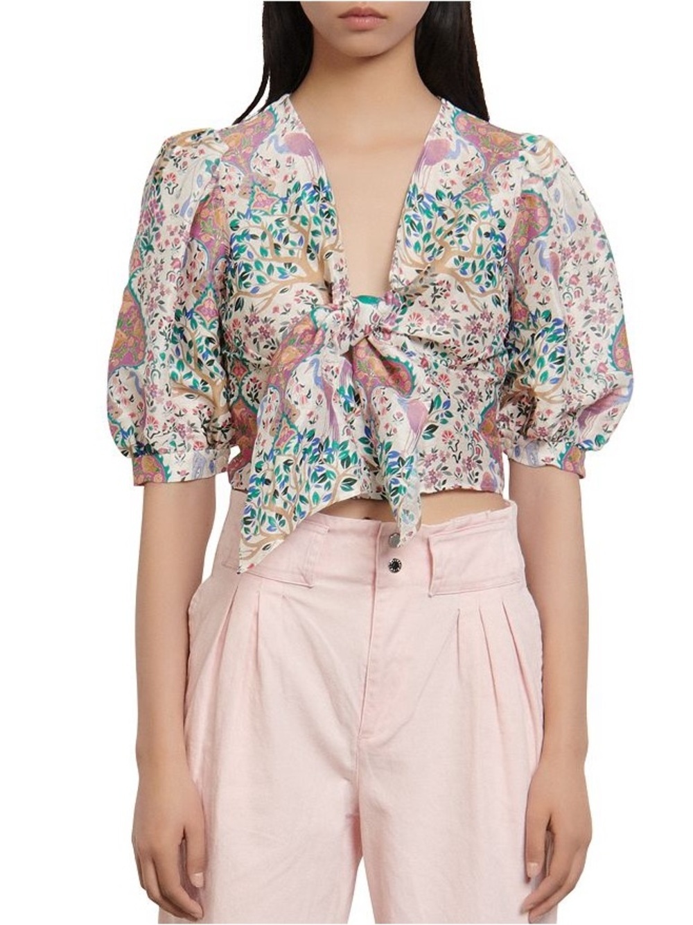 Sandro Iram Cropped Printed Linen and Silk Shantung Tie Top Sz:1/Small - Picture 4 of 16